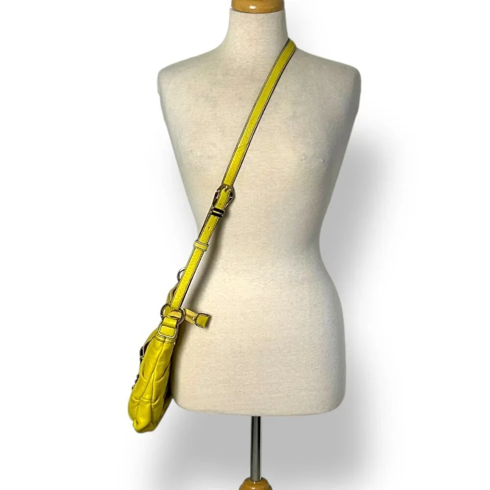 Oryany Bright Yellow Leather Shoulder Bag Purse Turq Lining Gold Hardware